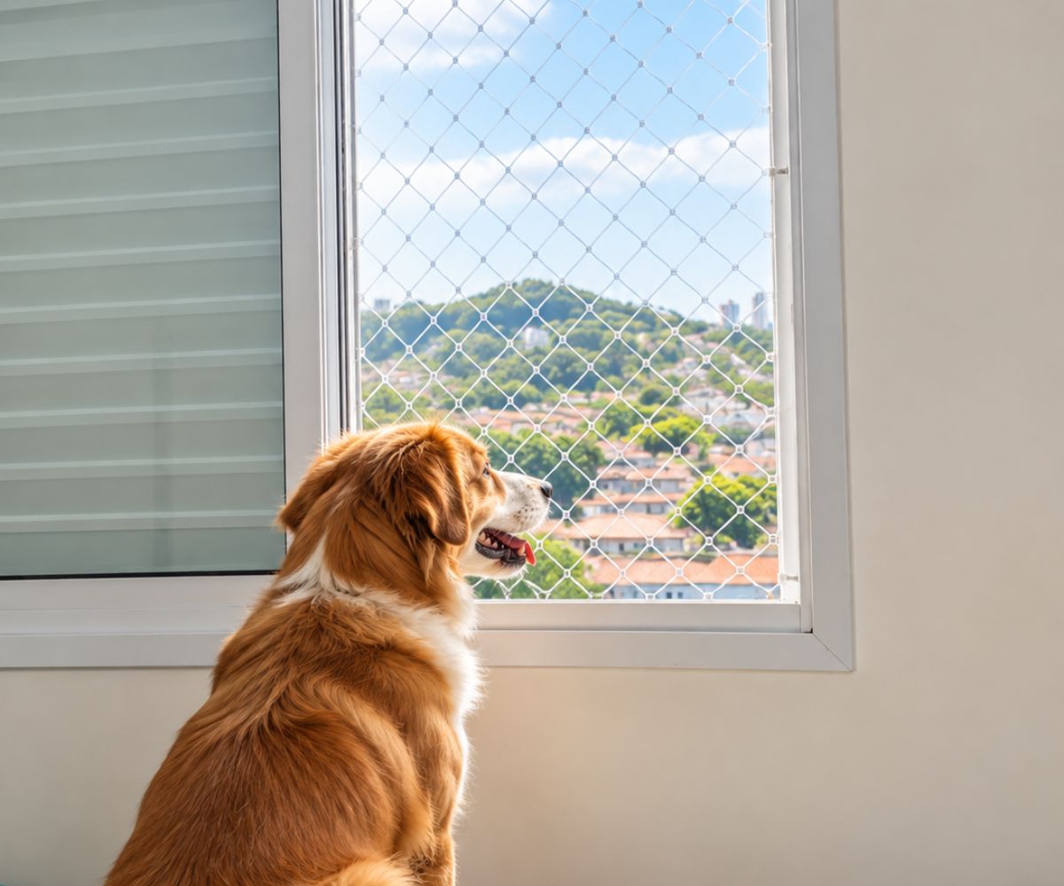 Cachorro olhando pela janela protegida por uma rede